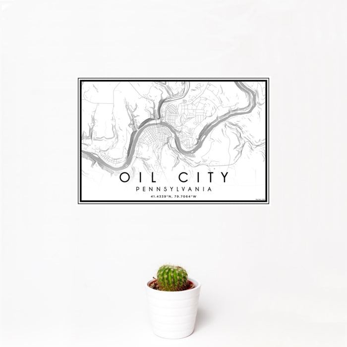 12x18 Oil City Pennsylvania Map Print Landscape Orientation in Classic Style With Small Cactus Plant in White Planter