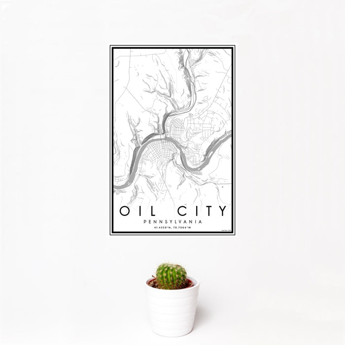 12x18 Oil City Pennsylvania Map Print Portrait Orientation in Classic Style With Small Cactus Plant in White Planter