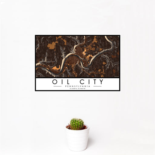 12x18 Oil City Pennsylvania Map Print Landscape Orientation in Ember Style With Small Cactus Plant in White Planter
