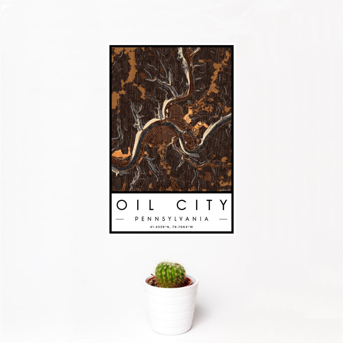 12x18 Oil City Pennsylvania Map Print Portrait Orientation in Ember Style With Small Cactus Plant in White Planter
