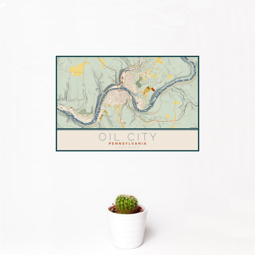 12x18 Oil City Pennsylvania Map Print Landscape Orientation in Woodblock Style With Small Cactus Plant in White Planter