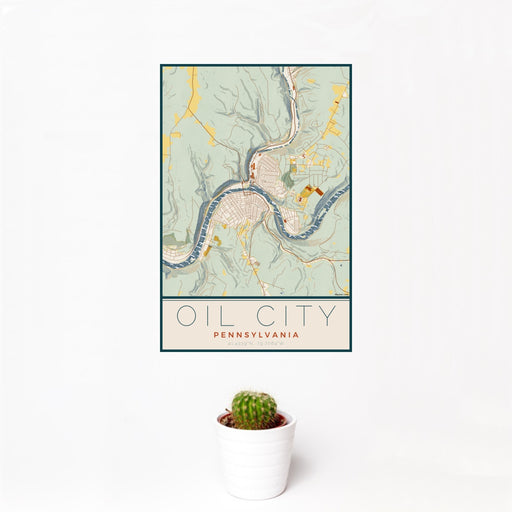 12x18 Oil City Pennsylvania Map Print Portrait Orientation in Woodblock Style With Small Cactus Plant in White Planter