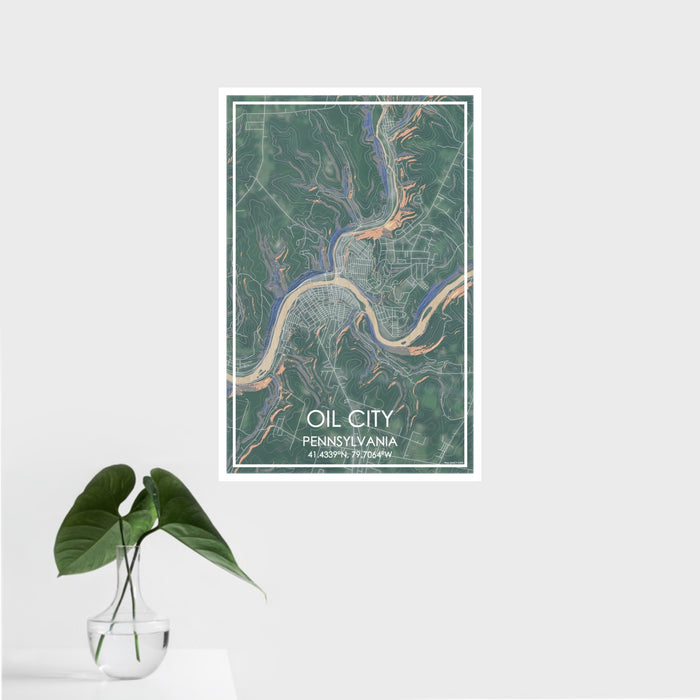 16x24 Oil City Pennsylvania Map Print Portrait Orientation in Afternoon Style With Tropical Plant Leaves in Water