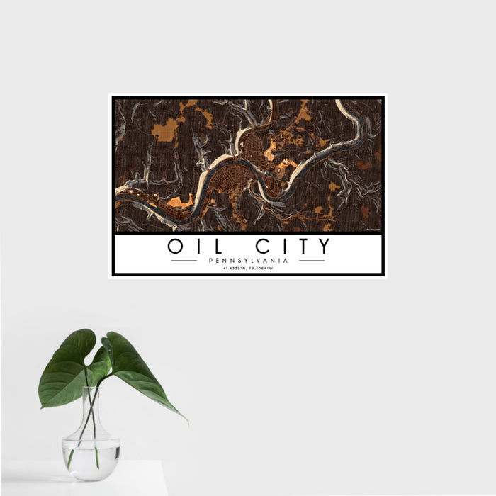 16x24 Oil City Pennsylvania Map Print Landscape Orientation in Ember Style With Tropical Plant Leaves in Water