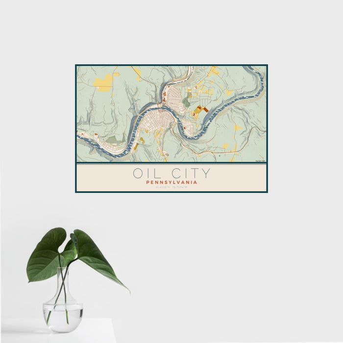 16x24 Oil City Pennsylvania Map Print Landscape Orientation in Woodblock Style With Tropical Plant Leaves in Water