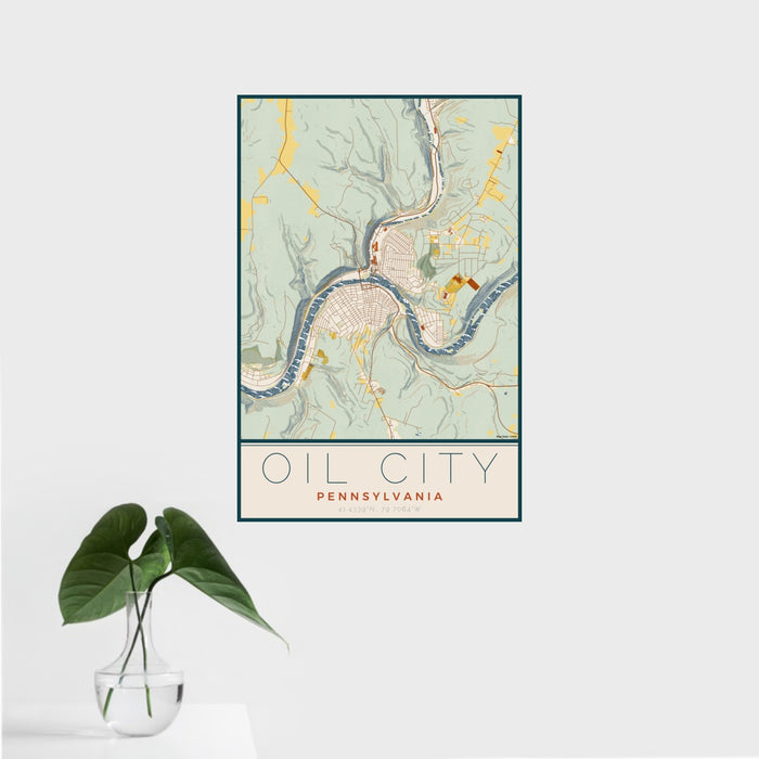 16x24 Oil City Pennsylvania Map Print Portrait Orientation in Woodblock Style With Tropical Plant Leaves in Water