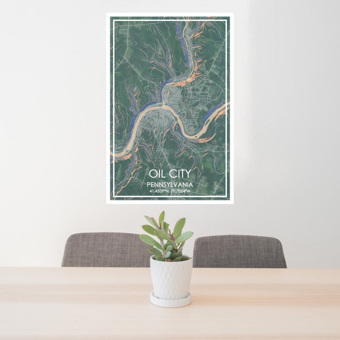 24x36 Oil City Pennsylvania Map Print Portrait Orientation in Afternoon Style Behind 2 Chairs Table and Potted Plant