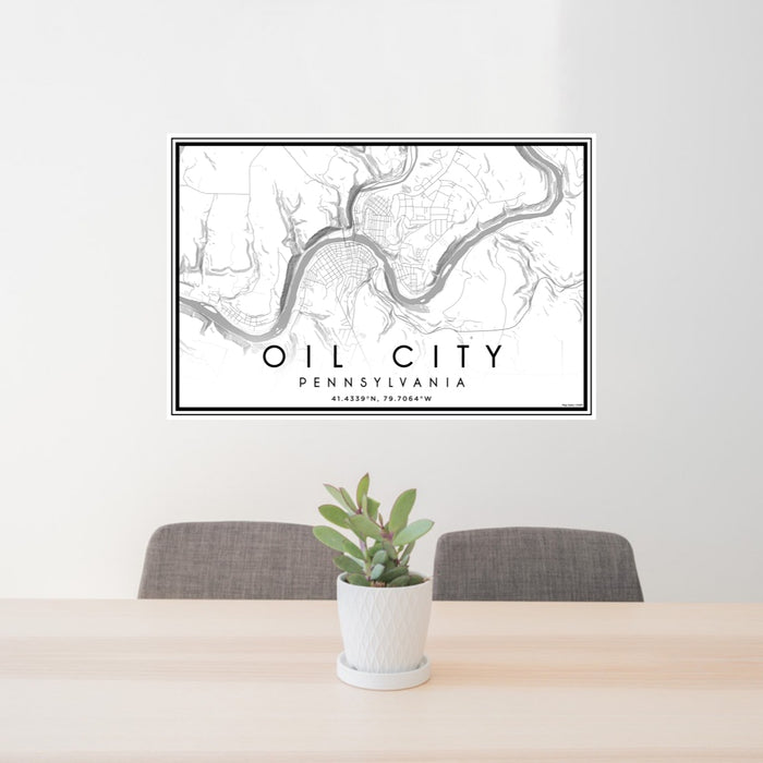 24x36 Oil City Pennsylvania Map Print Lanscape Orientation in Classic Style Behind 2 Chairs Table and Potted Plant