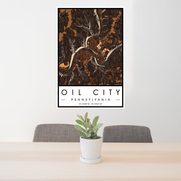 24x36 Oil City Pennsylvania Map Print Portrait Orientation in Ember Style Behind 2 Chairs Table and Potted Plant