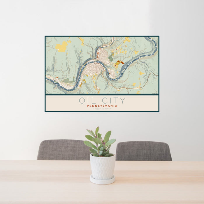 24x36 Oil City Pennsylvania Map Print Lanscape Orientation in Woodblock Style Behind 2 Chairs Table and Potted Plant