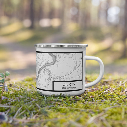 Right View Custom Oil City Pennsylvania Map Enamel Mug in Classic on Grass With Trees in Background