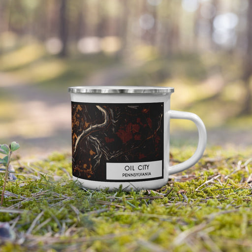 Right View Custom Oil City Pennsylvania Map Enamel Mug in Ember on Grass With Trees in Background