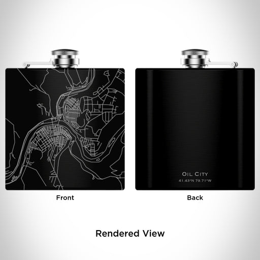 Rendered View of Oil City Pennsylvania Map Engraving on 6oz Stainless Steel Flask in Black