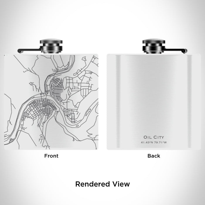 Rendered View of Oil City Pennsylvania Map Engraving on 6oz Stainless Steel Flask in White