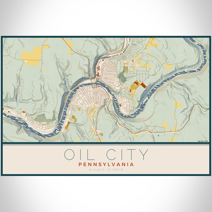 Oil City Pennsylvania Map Print Landscape Orientation in Woodblock Style With Shaded Background