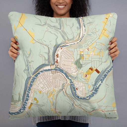 Person holding 22x22 Custom Oil City Pennsylvania Map Throw Pillow in Woodblock