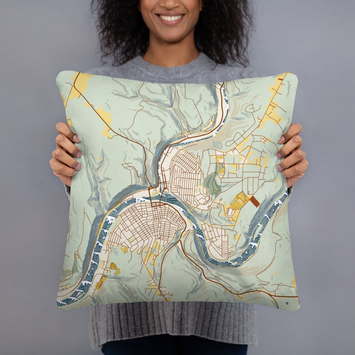 Person holding 18x18 Custom Oil City Pennsylvania Map Throw Pillow in Woodblock