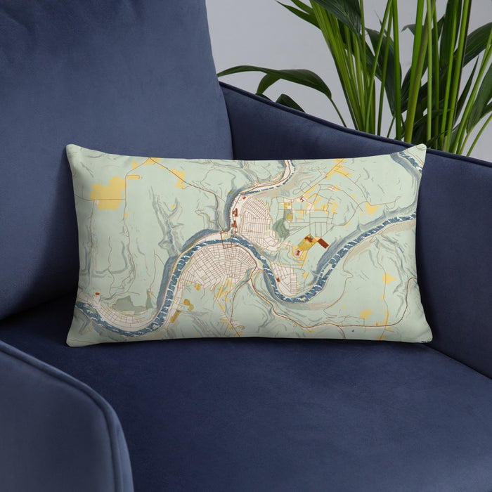 Custom Oil City Pennsylvania Map Throw Pillow in Woodblock on Blue Colored Chair