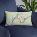 Custom Oil City Pennsylvania Map Throw Pillow in Woodblock on Blue Colored Chair