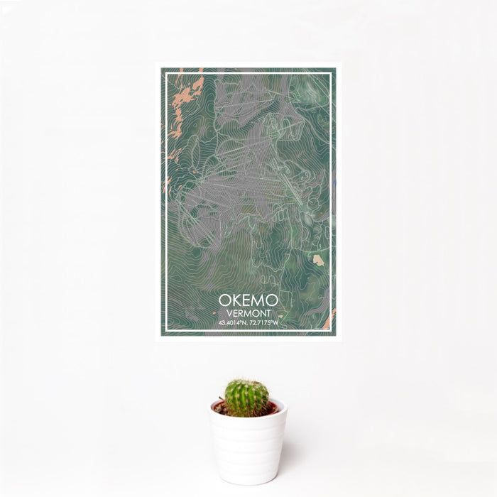 12x18 Okemo Vermont Map Print Portrait Orientation in Afternoon Style With Small Cactus Plant in White Planter