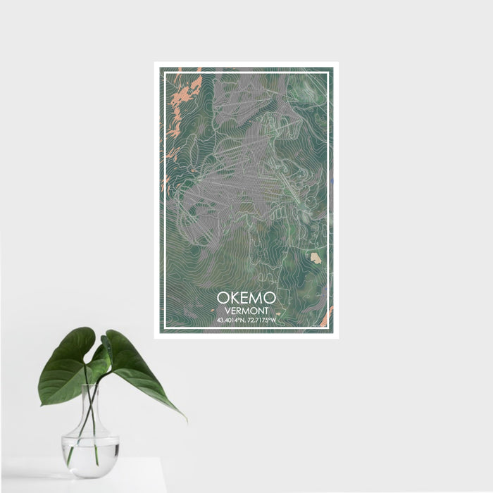 16x24 Okemo Vermont Map Print Portrait Orientation in Afternoon Style With Tropical Plant Leaves in Water