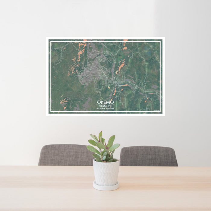 24x36 Okemo Vermont Map Print Lanscape Orientation in Afternoon Style Behind 2 Chairs Table and Potted Plant