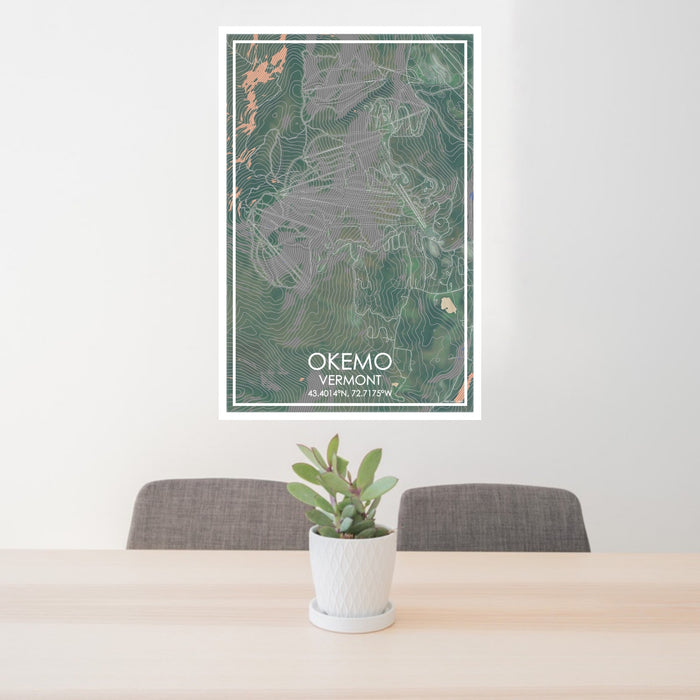 24x36 Okemo Vermont Map Print Portrait Orientation in Afternoon Style Behind 2 Chairs Table and Potted Plant