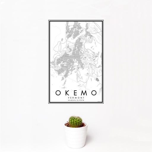 12x18 Okemo Vermont Map Print Portrait Orientation in Classic Style With Small Cactus Plant in White Planter