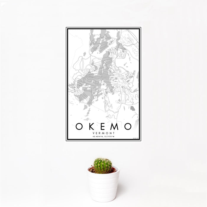 12x18 Okemo Vermont Map Print Portrait Orientation in Classic Style With Small Cactus Plant in White Planter
