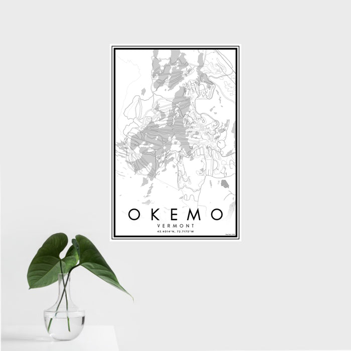 16x24 Okemo Vermont Map Print Portrait Orientation in Classic Style With Tropical Plant Leaves in Water