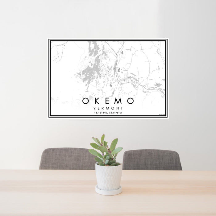 24x36 Okemo Vermont Map Print Landscape Orientation in Classic Style Behind 2 Chairs Table and Potted Plant