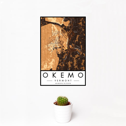 12x18 Okemo Vermont Map Print Portrait Orientation in Ember Style With Small Cactus Plant in White Planter