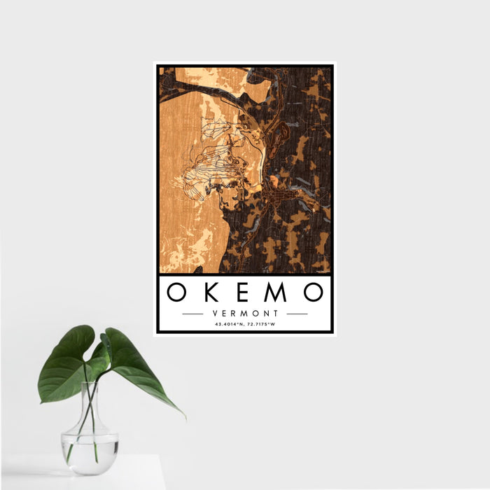 16x24 Okemo Vermont Map Print Portrait Orientation in Ember Style With Tropical Plant Leaves in Water
