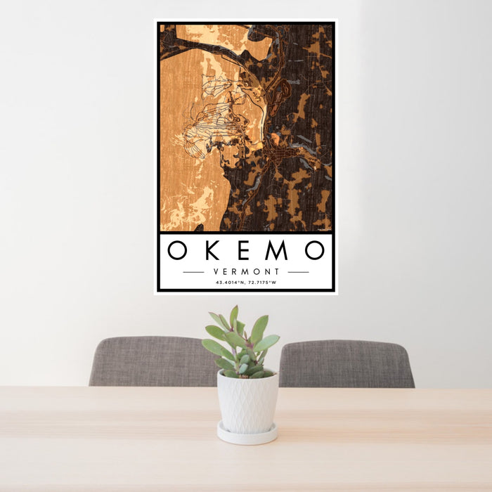 24x36 Okemo Vermont Map Print Portrait Orientation in Ember Style Behind 2 Chairs Table and Potted Plant
