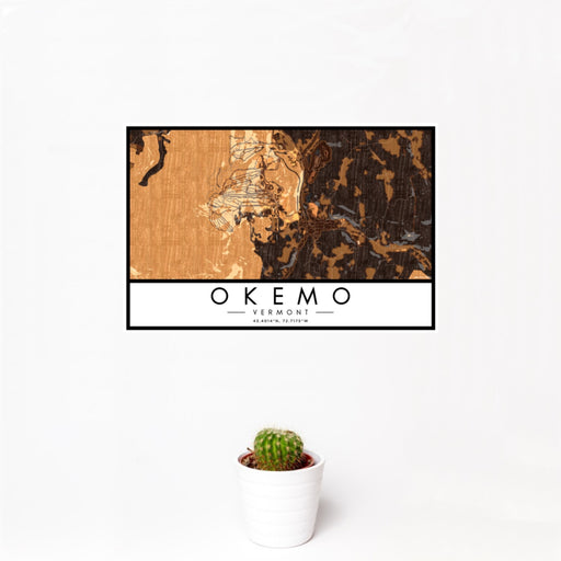 12x18 Okemo Vermont Map Print Landscape Orientation in Ember Style With Small Cactus Plant in White Planter