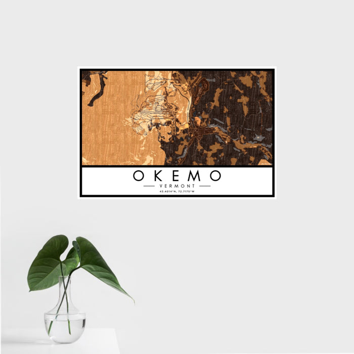 16x24 Okemo Vermont Map Print Landscape Orientation in Ember Style With Tropical Plant Leaves in Water