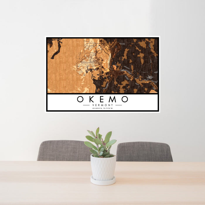 24x36 Okemo Vermont Map Print Landscape Orientation in Ember Style Behind 2 Chairs Table and Potted Plant