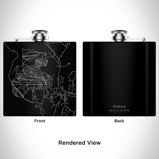 Rendered View of Okemo Vermont Map Engraving on 6oz Stainless Steel Flask in Black