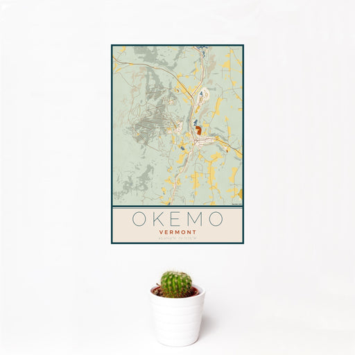 12x18 Okemo Vermont Map Print Portrait Orientation in Woodblock Style With Small Cactus Plant in White Planter