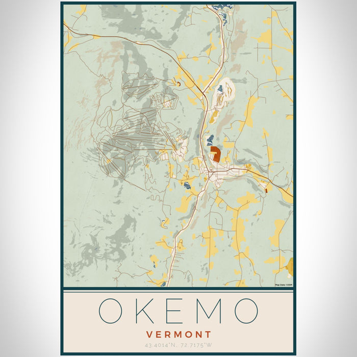 Okemo Vermont Map Print Portrait Orientation in Woodblock Style With Shaded Background