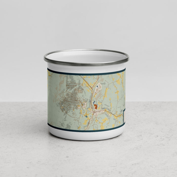 Front View Custom Okemo Vermont Map Enamel Mug in Woodblock
