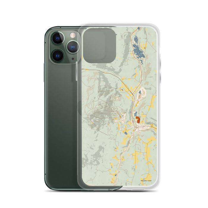 Custom Okemo Vermont Map Phone Case in Woodblock on Table with Laptop and Plant
