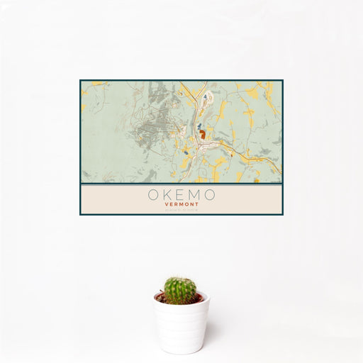 12x18 Okemo Vermont Map Print Landscape Orientation in Woodblock Style With Small Cactus Plant in White Planter