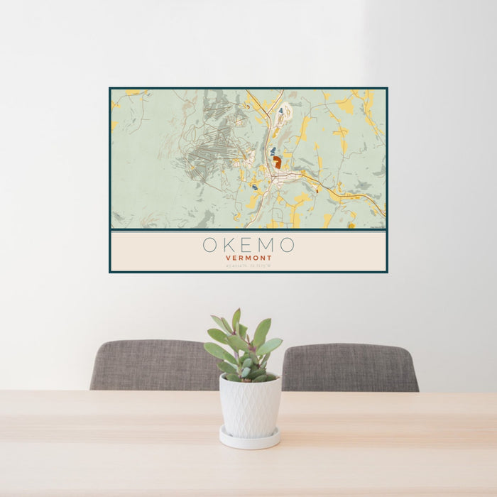 24x36 Okemo Vermont Map Print Landscape Orientation in Woodblock Style Behind 2 Chairs Table and Potted Plant