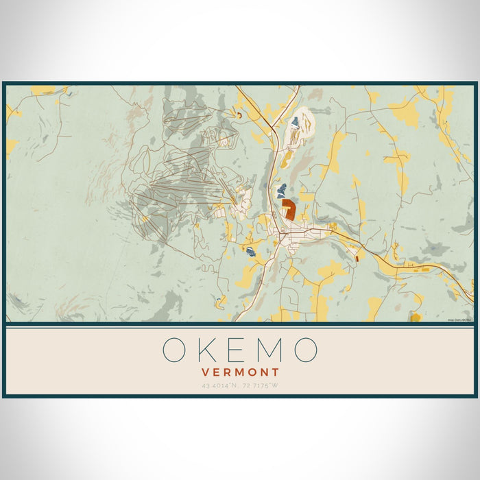 Okemo Vermont Map Print Landscape Orientation in Woodblock Style With Shaded Background