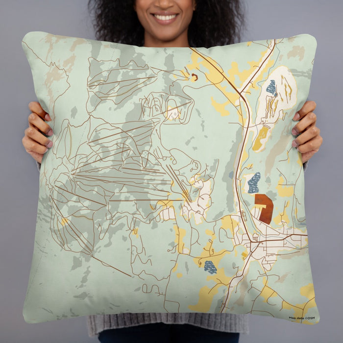 Person holding 22x22 Custom Okemo Vermont Map Throw Pillow in Woodblock