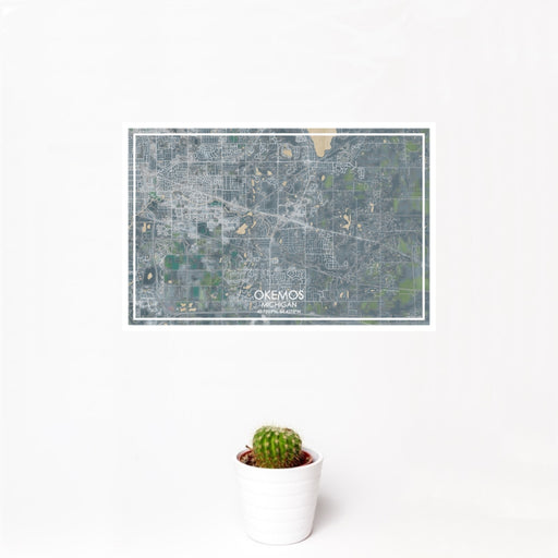 12x18 Okemos Michigan Map Print Landscape Orientation in Afternoon Style With Small Cactus Plant in White Planter