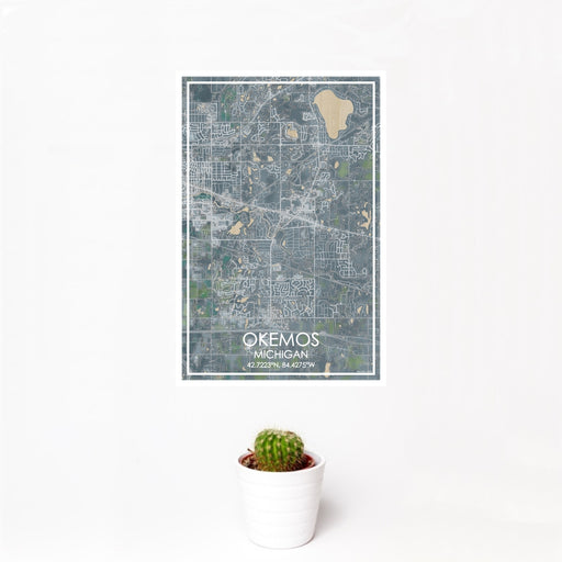 12x18 Okemos Michigan Map Print Portrait Orientation in Afternoon Style With Small Cactus Plant in White Planter