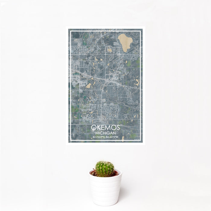 12x18 Okemos Michigan Map Print Portrait Orientation in Afternoon Style With Small Cactus Plant in White Planter