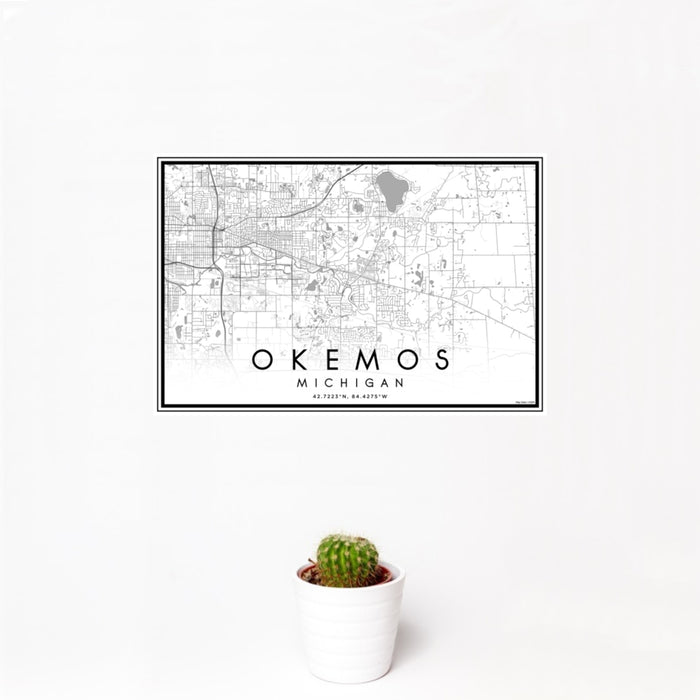 12x18 Okemos Michigan Map Print Landscape Orientation in Classic Style With Small Cactus Plant in White Planter